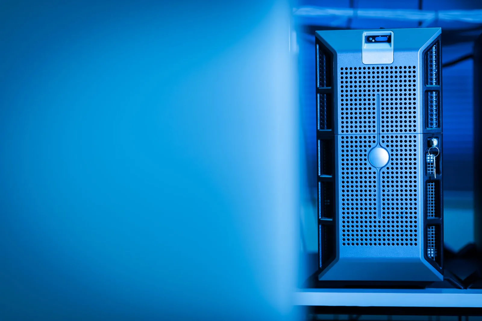 Blue-lit storage and data infrastructure in a modern data center